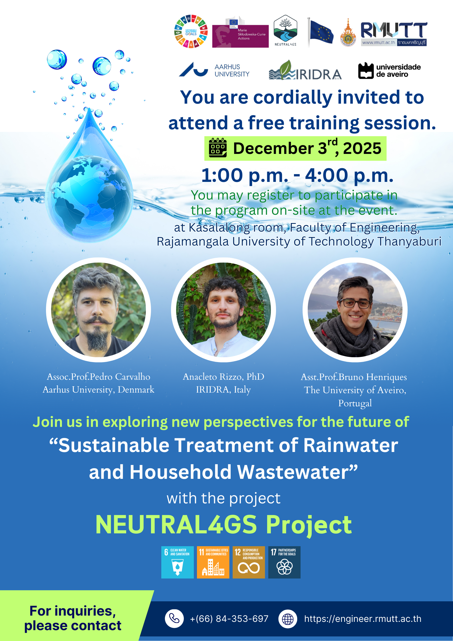 You are cordially invited to register for a free training workshop: NEUTRAL4GS: Innovation for Sustainable Rainwater and Wastewater Treatment